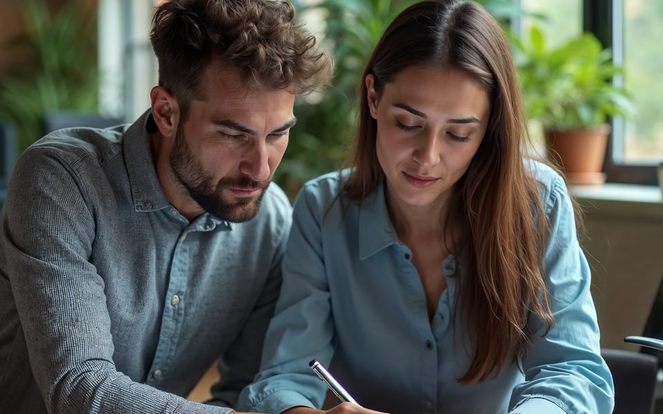Dos personas planeando un proyecto sobre gráficos impresos