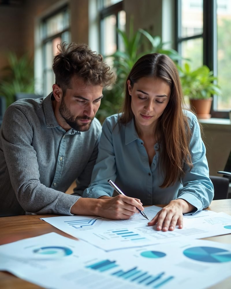 Dos personas de dirección analizando indicadores y presupuesto del portafolio